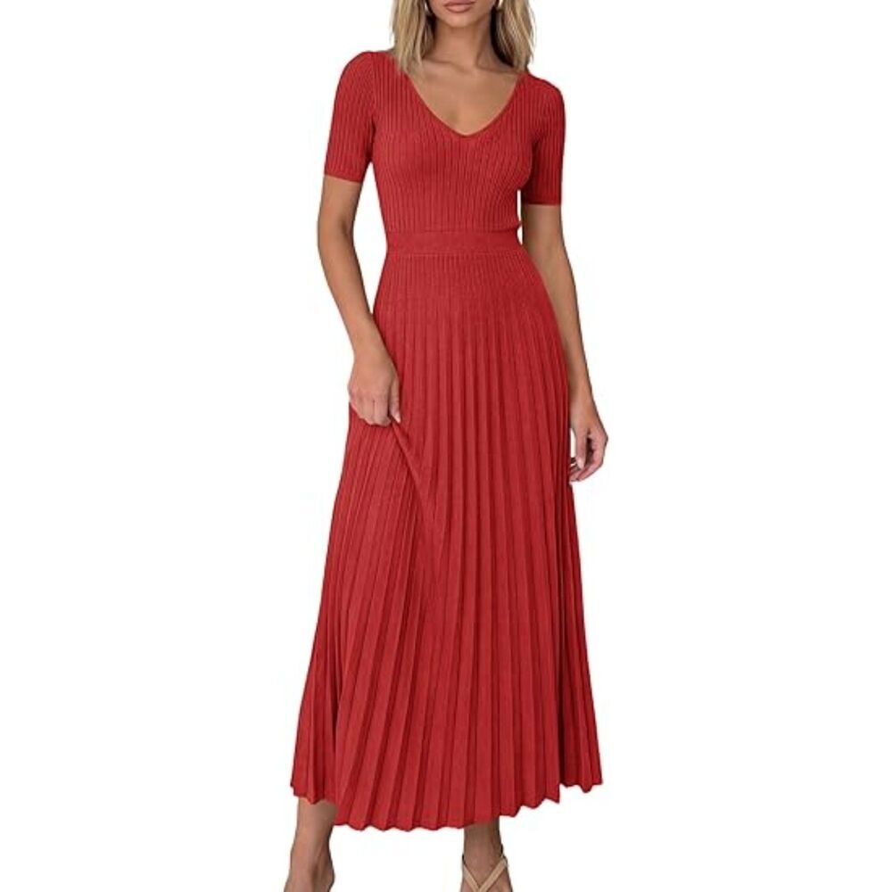 Women's Red Viscose V Neck Short Sleeve A Line Summer Casual Midi Dress